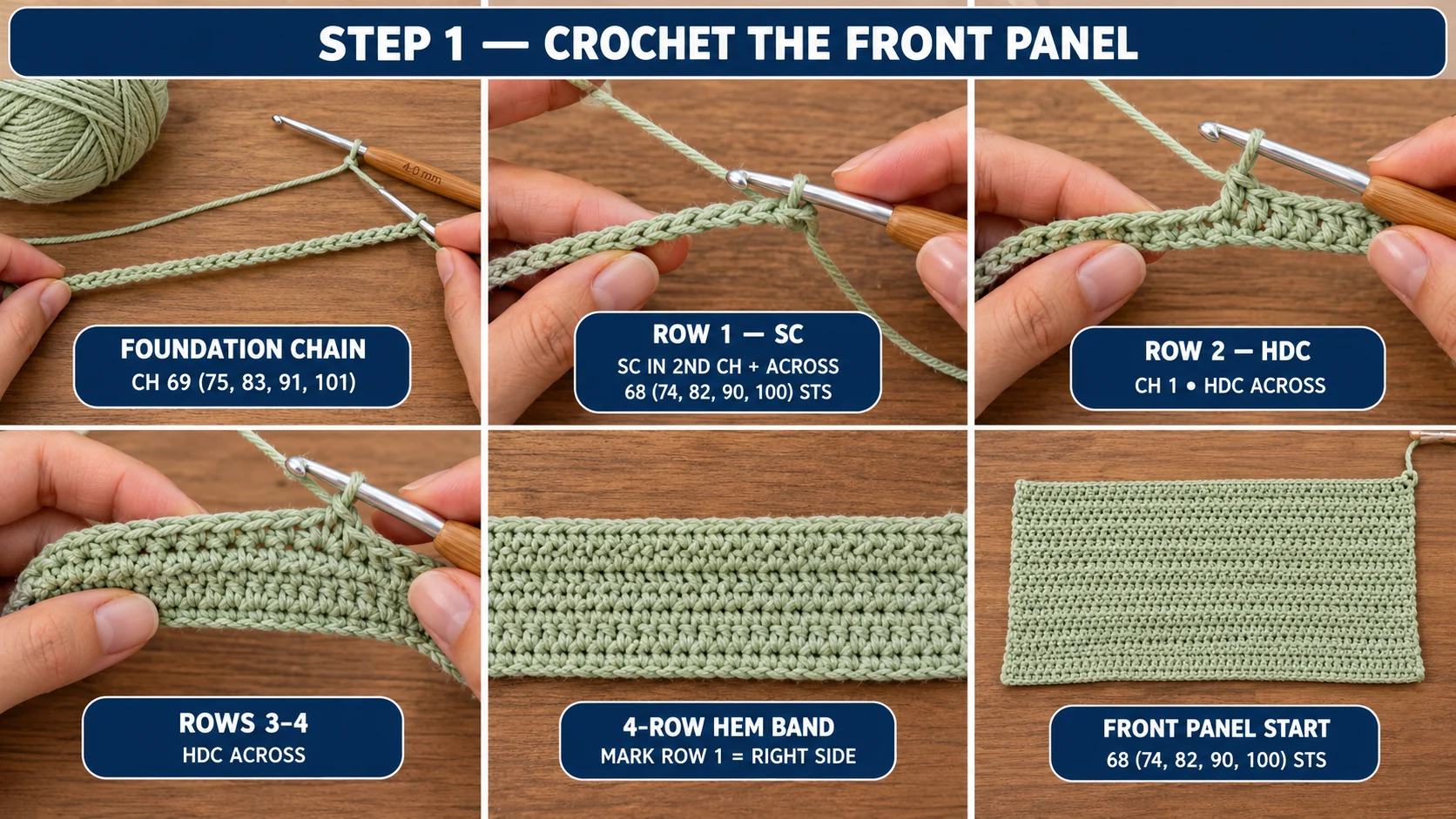 Step 1 of the crochet crop top: the foundation chain of 69 (75, 83, 91, 101), Row 1 in single crochet, Rows 2–4 in half double crochet, and the finished 4-row hem band