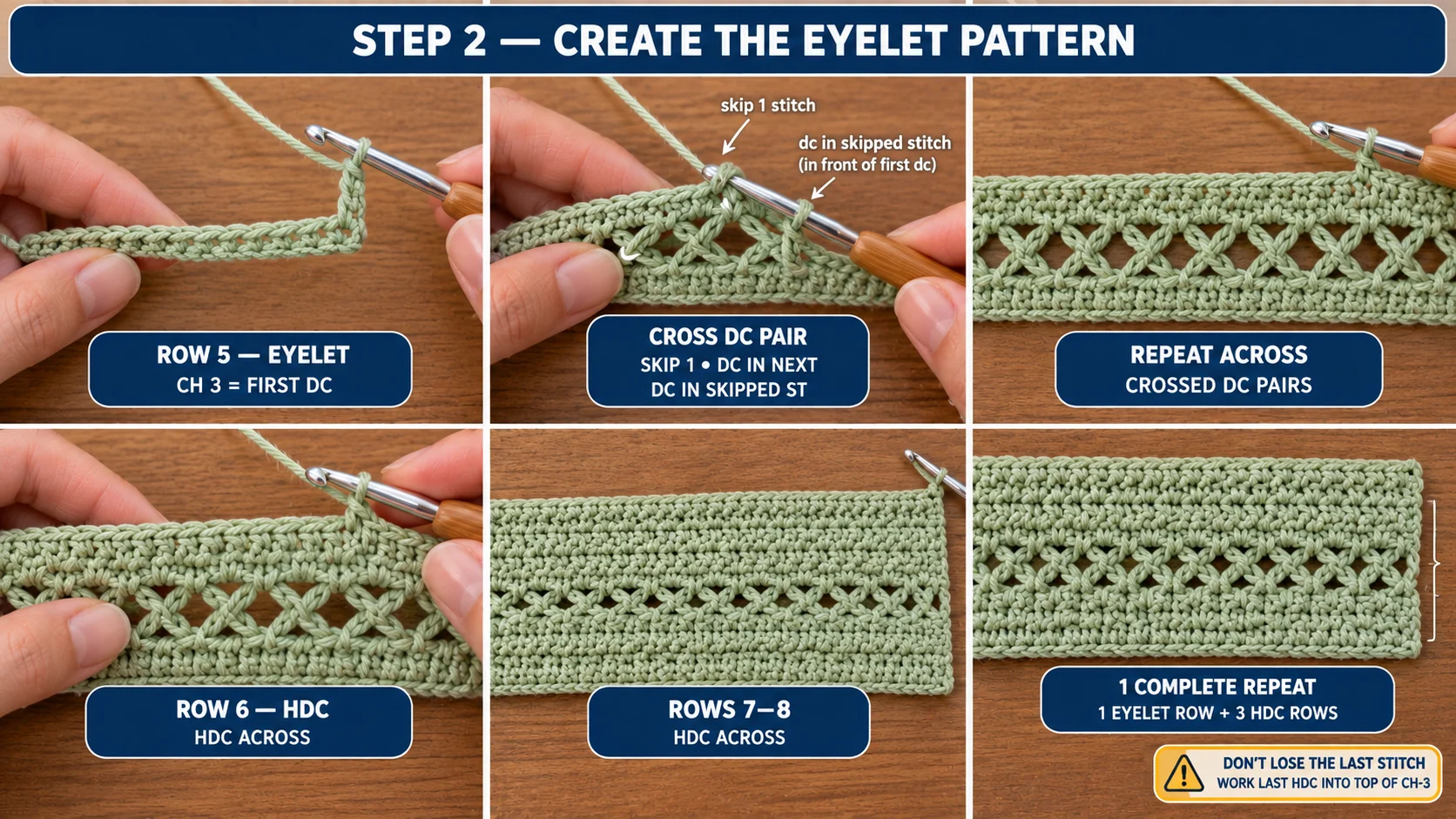 Step 2 of the crochet crop top: the ch-3 that starts the eyelet row, a crossed double crochet pair worked in front of the first dc, a full row of crossed pairs, and one complete repeat of 1 eyelet row plus 3 hdc rows