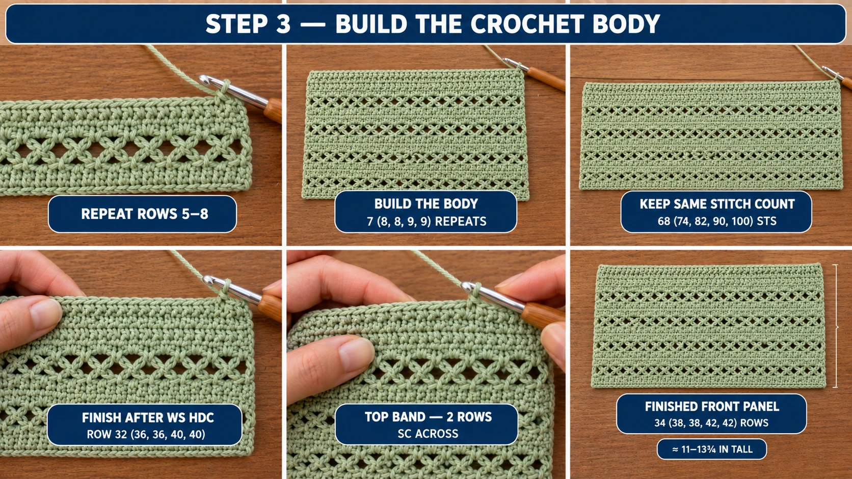 Step 3 of the crochet crop top: repeating Rows 5–8 for 7 (8, 8, 9, 9) repeats, keeping the same stitch count, the 2-row single crochet top band, and the finished front panel laid flat