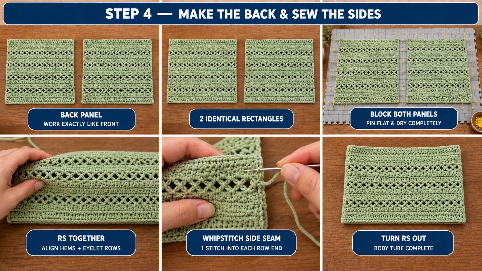 Step 4 of the crochet crop top: two identical panels, both pinned flat to block, placed right sides together with the eyelet rows aligned, the side seam whipstitched one stitch per row end, and the body tube turned right side out
