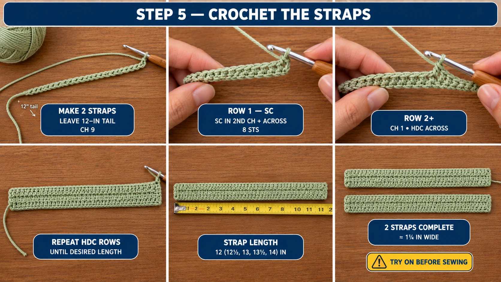 Step 5 of the crochet crop top: a 12-inch starting tail and a chain of 9, Row 1 in single crochet on 8 stitches, half double crochet rows repeated to length, and two finished straps about 1¾ inches wide