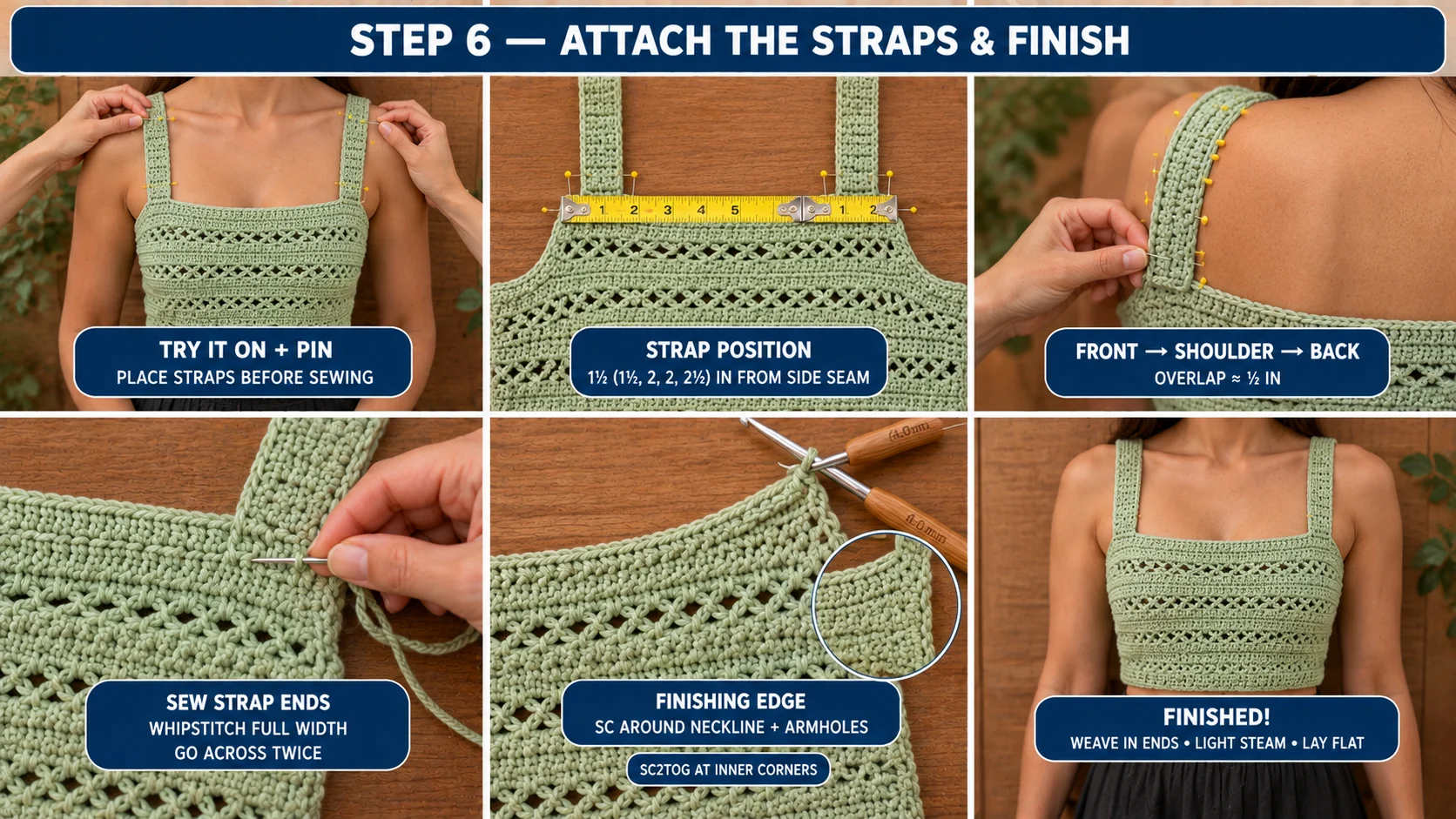 Step 6 of the crochet crop top: pinning the straps during a try-on, measuring the strap position from the side seam, whipstitching the strap ends twice across, the single crochet edging with sc2tog at the inner corners, and the finished top worn