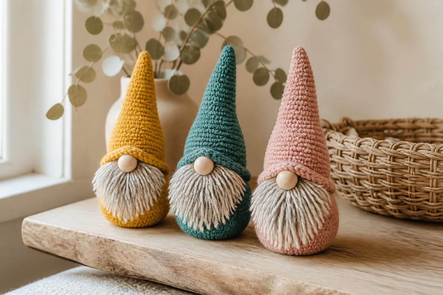 Three tall crochet gnomes with pointed cone hats in mustard, teal and blush pink, long cream fringe beards and wooden bead noses, standing on an oak shelf with dried eucalyptus and a woven basket