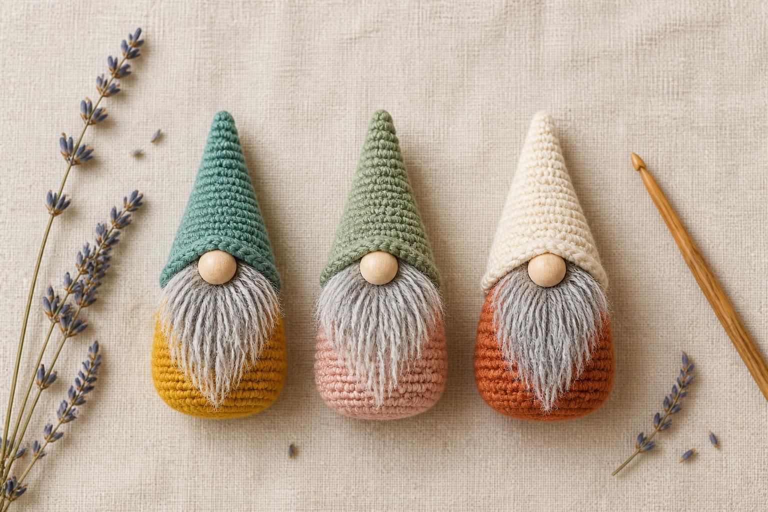 Finished pastel crochet gnomes styled next to dried eucalyptus and a woven basket on a wooden shelf
