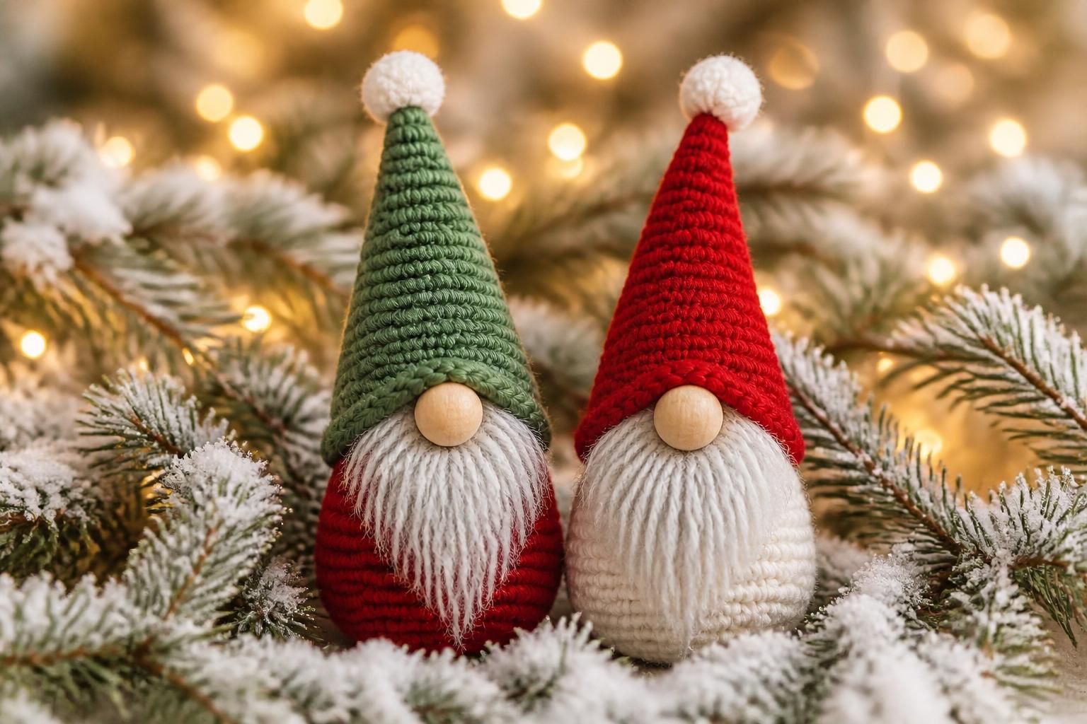 Alternate angle of the mustard, teal and blush crochet gnome trio showing the tall cone hat proportions