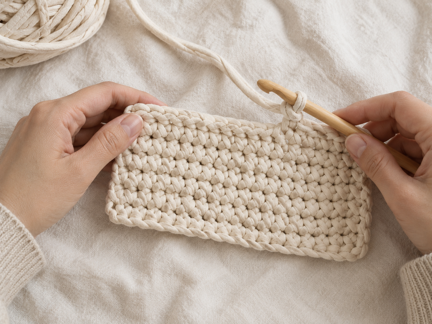 Flat rectangular crochet base in cream cotton tube yarn being worked in single crochet, 10mm hook mid-stitch, hands lightly visible on cream linen