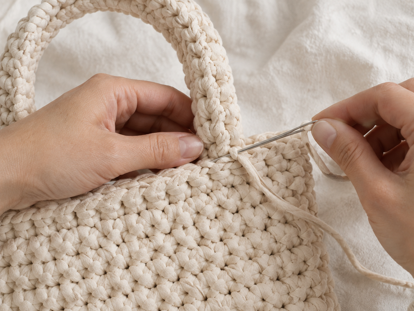 Close-up of a chunky crochet handle arch being reinforced with extra rounds in cream cotton tube yarn, hands and hook visible near the top edge of the bag