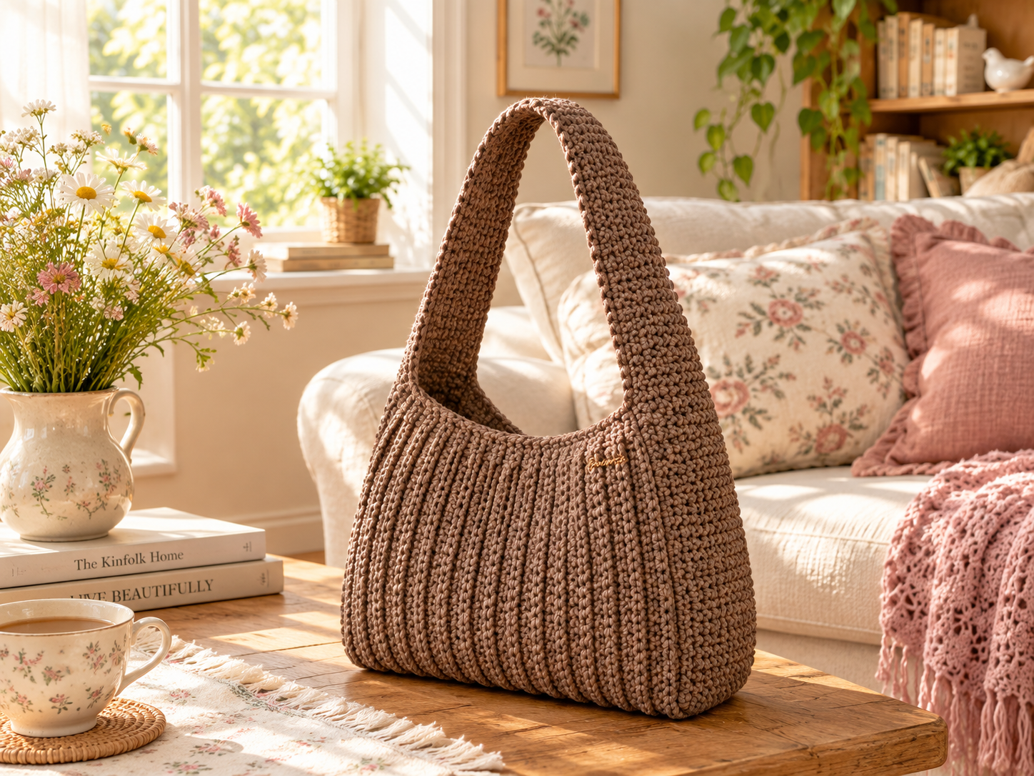 Ribbed crochet hobo bag in mocha brown polyester cord with a wide one-piece shoulder strap, standing upright on a wooden coffee table in a sunny living room