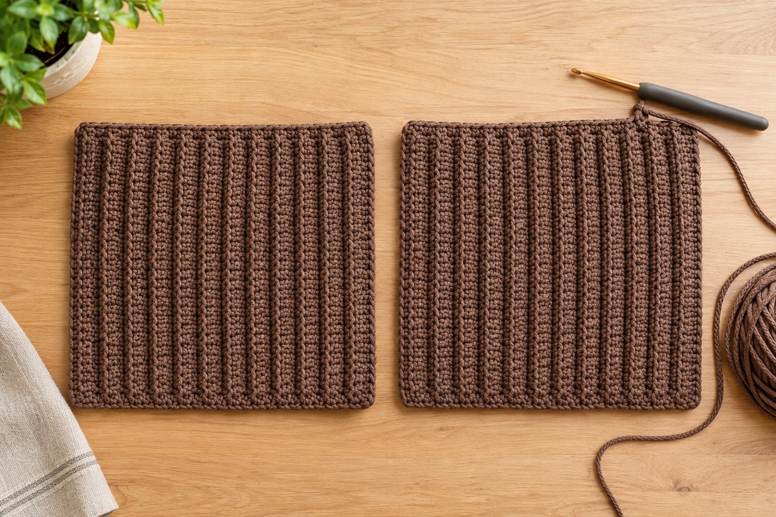 Two finished mocha crochet panels laid flat on a light oak table with their back-loop ribs running vertically, a 4.5 mm hook and a ball of brown polyester cord beside them