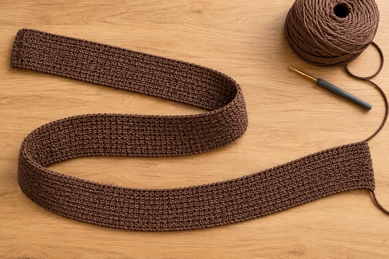 The long mocha single-crochet gusset strap strip, 16 stitches wide, curving across a light oak table before it is joined into a ring