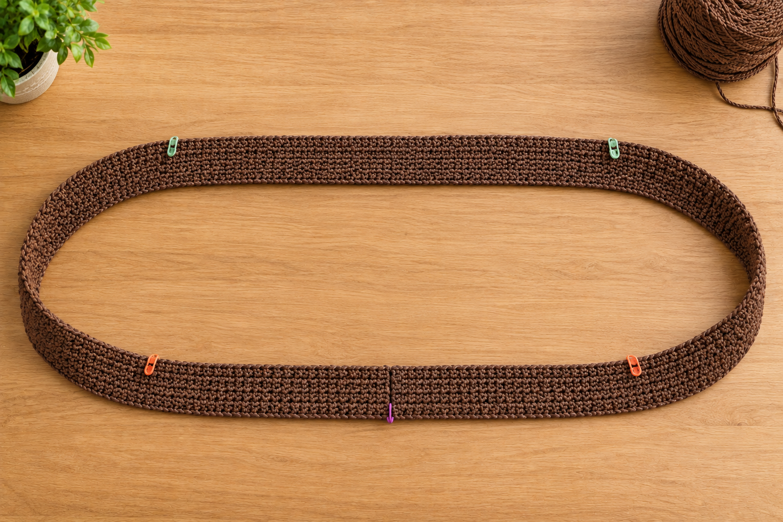 The mocha crochet strip joined into a flat, untwisted ring with the slip-stitch seam at the bottom center and locking stitch markers at the base corners and top corners