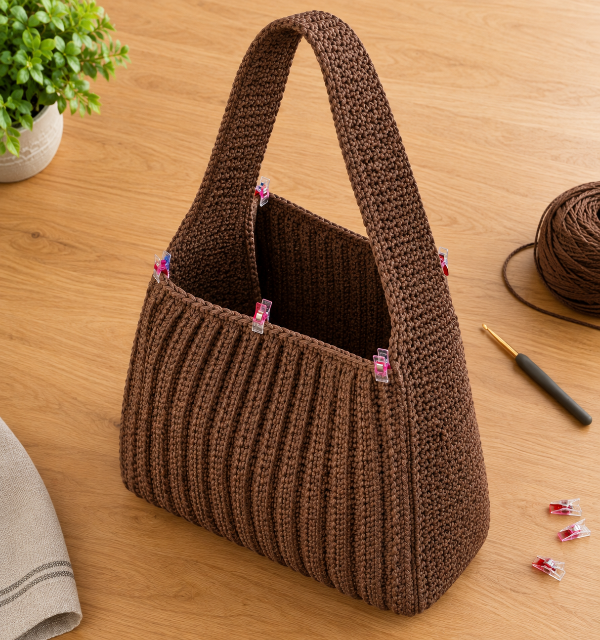 The crochet hobo bag with both ribbed panels joined to the gusset strip, sewing clips still marking the top corners where the strap begins