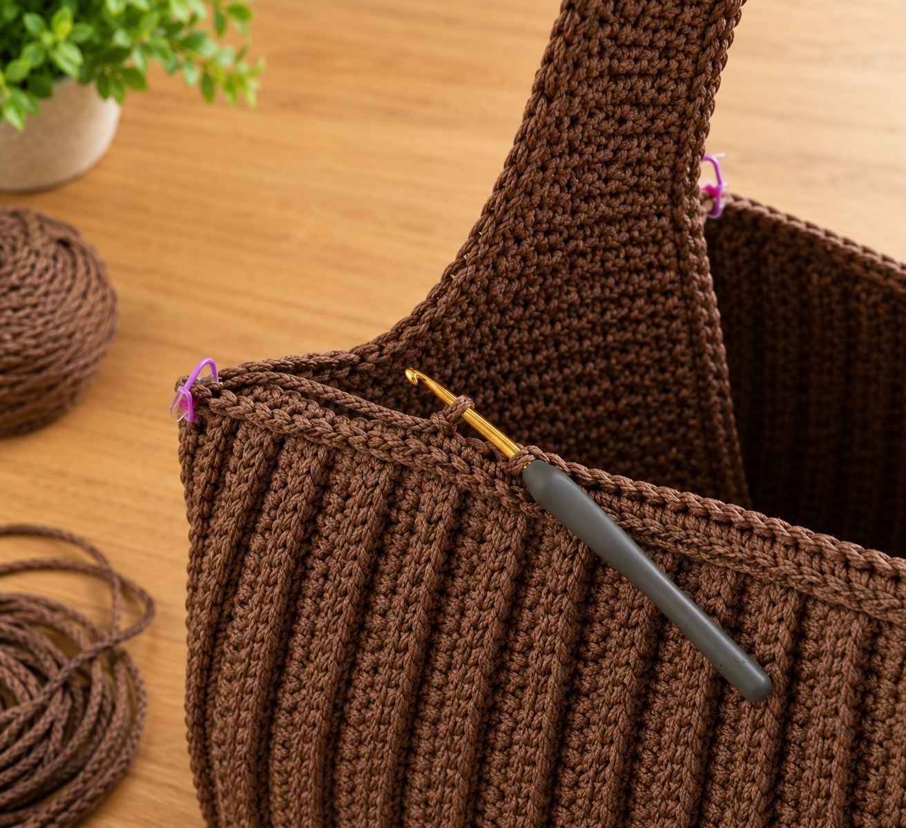 Close-up of the slip-stitch edging being worked along the top of the ribbed front panel where it meets the strap, with the hook in the edge and a stitch marker at the top corner