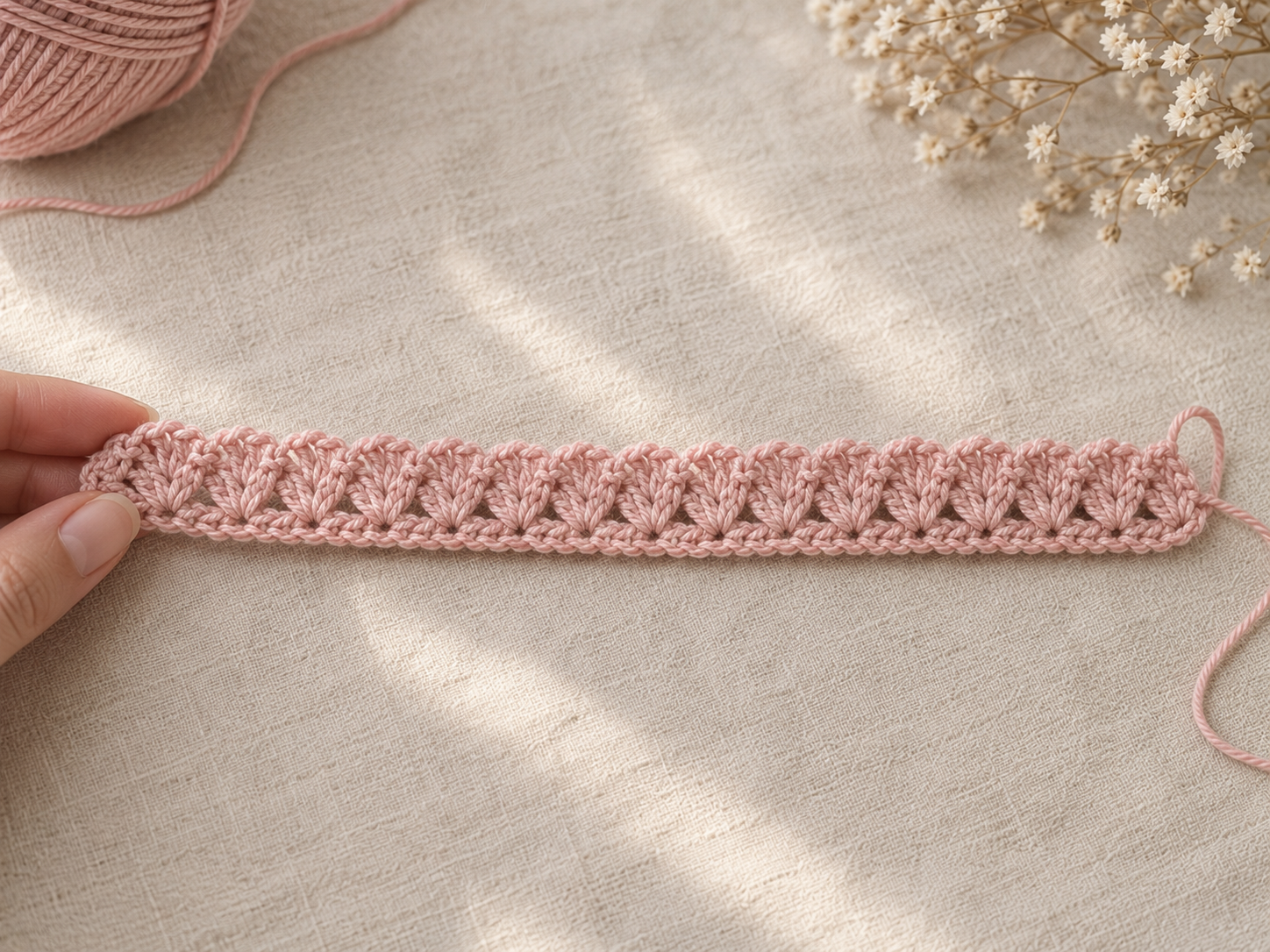Flat pink crocheted strip of fan-shaped double crochets before rolling, held between two fingers on cream linen