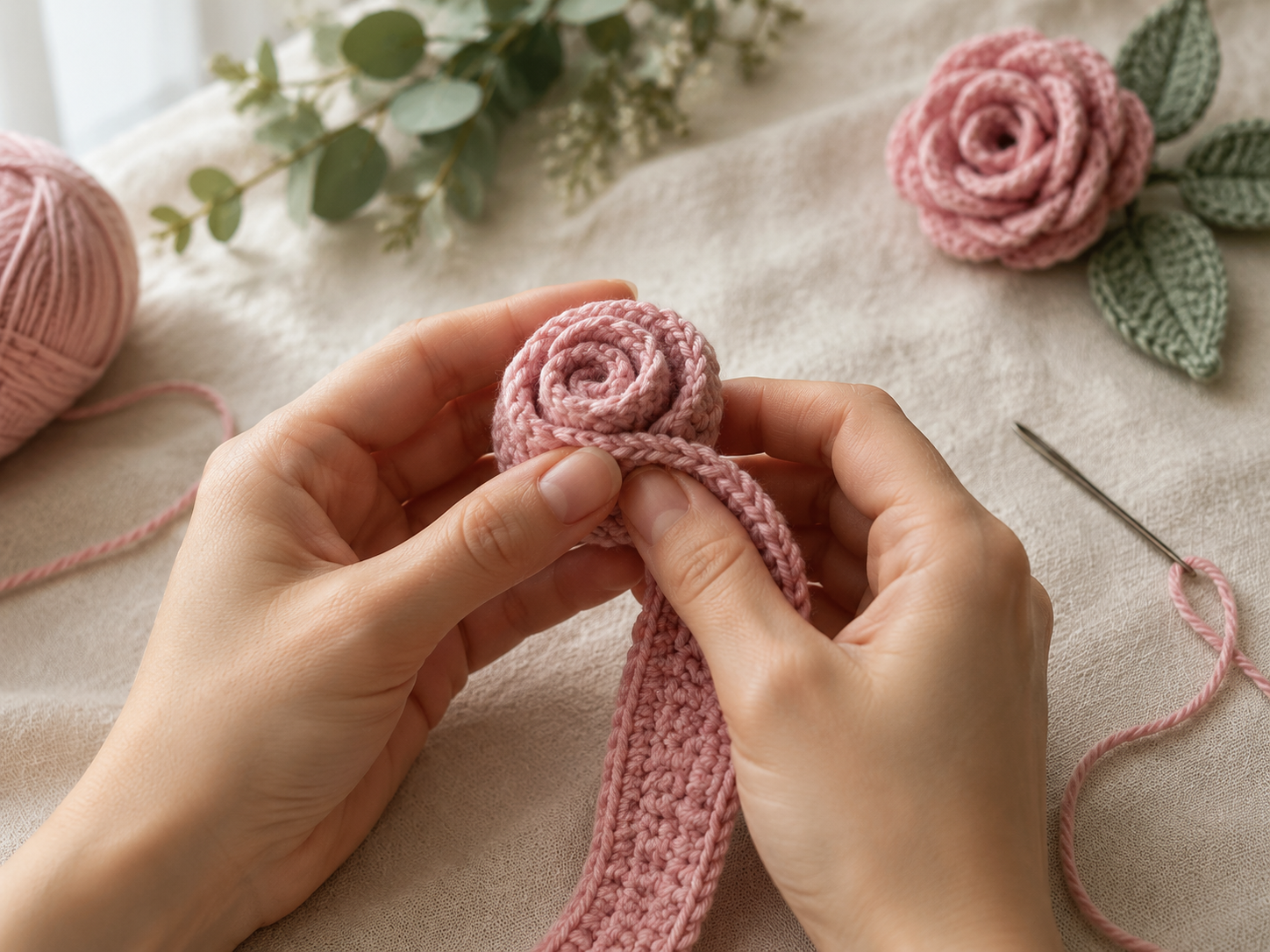 Two hands rolling a pink crocheted strip into a tight spiral rose with a threaded tapestry needle nearby