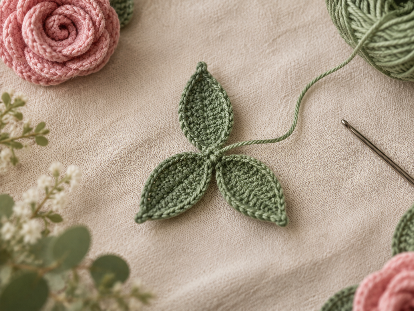 Trio of small sage green crocheted leaves in a three-point sepal arrangement viewed from above with working yarn attached