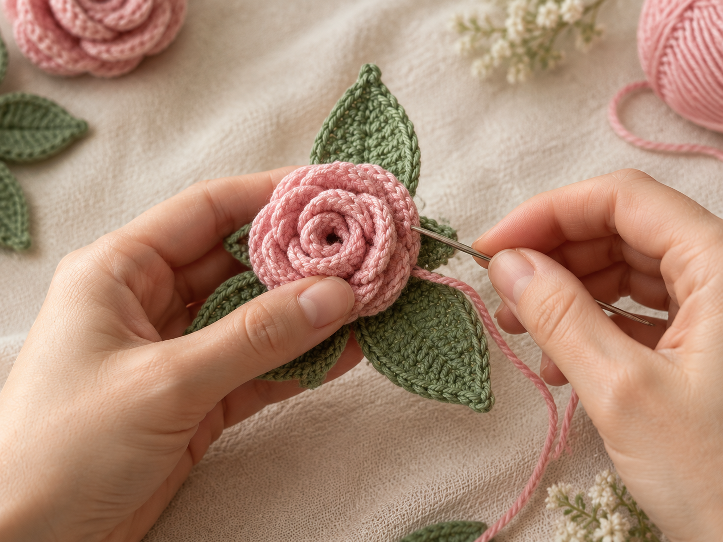 Pink rolled rose being stitched onto the center of the three-leaf sage green base with a tapestry needle