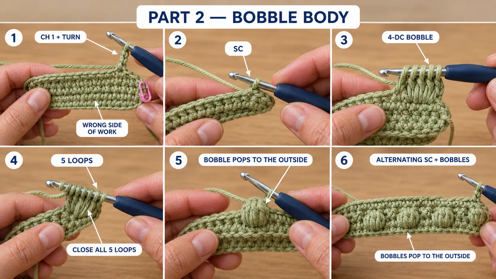 How to make the 4-dc bobble for the crochet phone bag: ch 1 and turn to the wrong side, a single crochet, four unfinished double crochets with 5 loops on the hook, closing all 5 loops, and a row of bobbles popping to the outside
