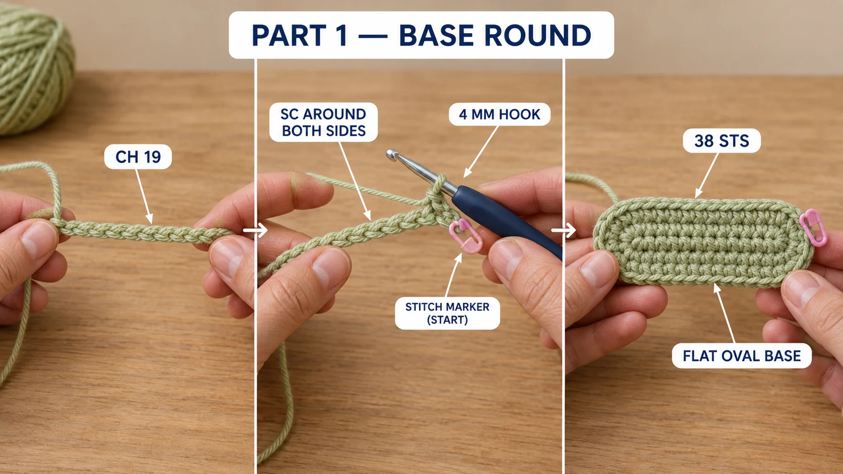 Step 1 of the crochet phone bag: a foundation chain of 19 in green cotton, and Round 1 worked around both sides of the chain to make a flat 38-stitch base
