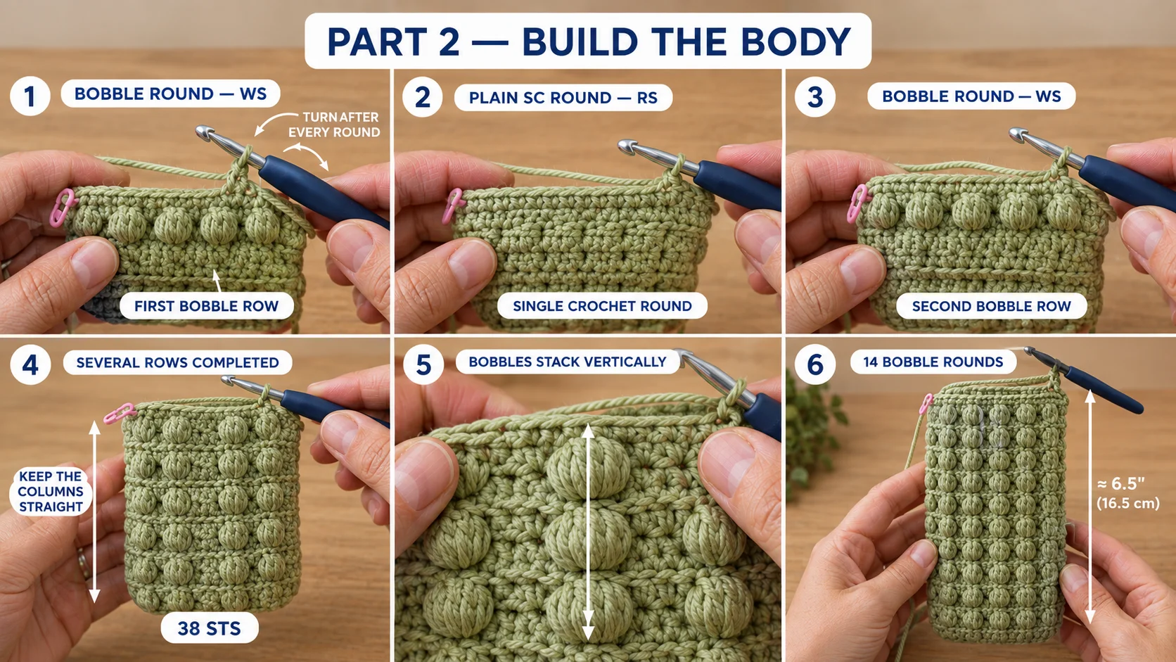 Step 2 of the crochet phone bag: the first bobble round worked from the wrong side, a plain single crochet round from the right side, bobbles stacking into straight columns, and the 38-stitch body finished at 14 bobble rounds, about 6.5 inches tall