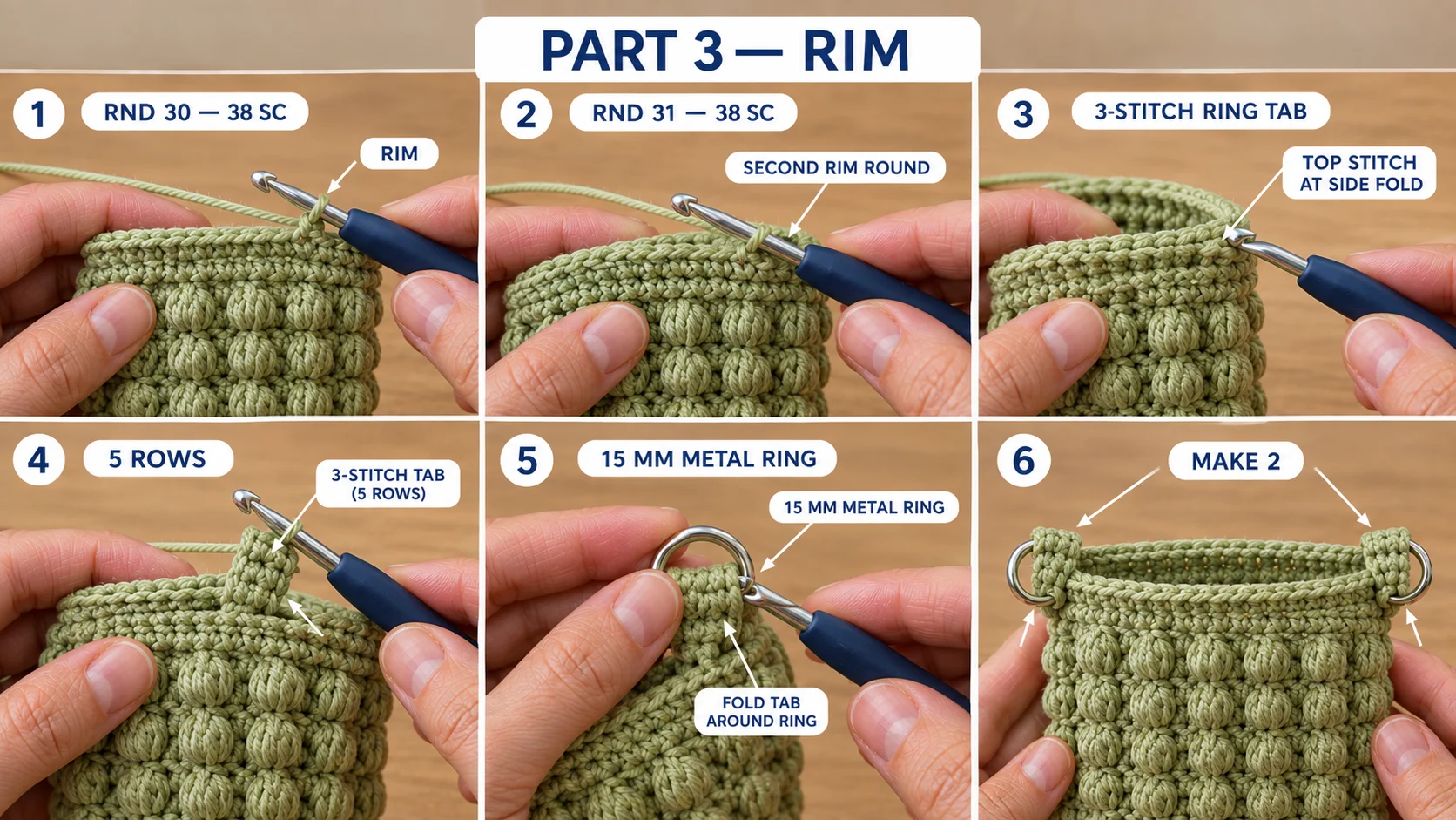 Step 3 of the crochet phone bag: Rounds 30 and 31 of plain single crochet forming the rim, a three-stitch ring tab worked at the side fold for 5 rows, the tab folded around a 15 mm metal ring, and both ring tabs finished