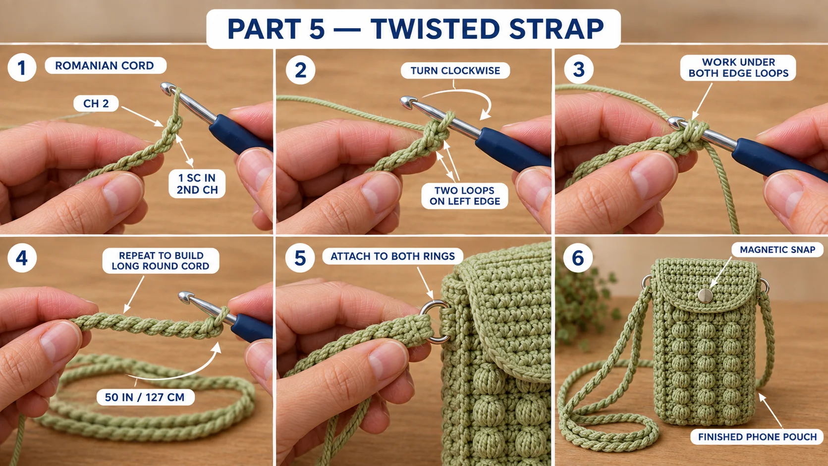 Step 5 of the crochet phone bag: making the green Romanian cord strap by turning clockwise and working under both left-edge loops, the finished 50-inch cord, attaching it to the metal rings, and the finished bobble phone pouch with its magnetic snap