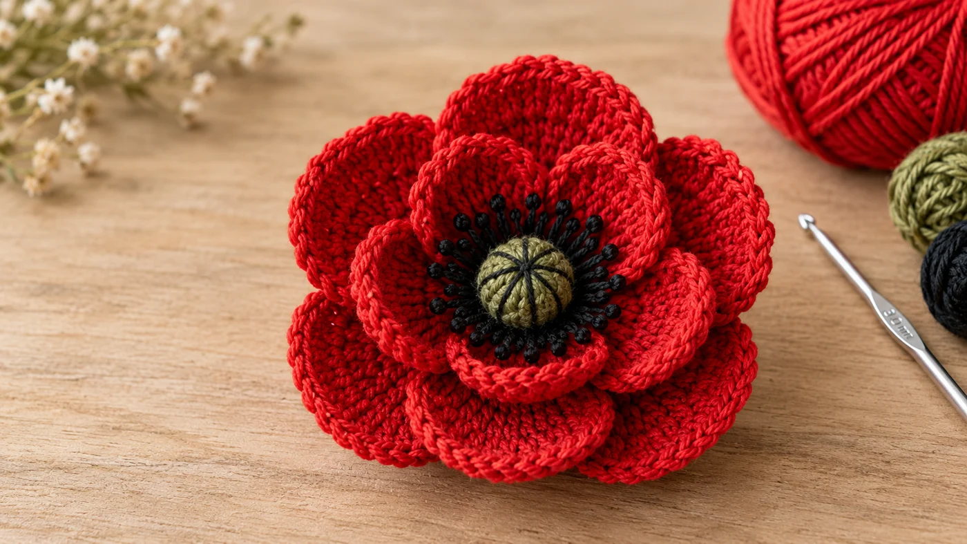 Layered red crochet poppy flower with ten cupped petals, a ring of black stamens and a green seed-pod center, on a light oak table beside balls of red, green and black cotton yarn, a silver crochet hook and a sprig of baby's breath