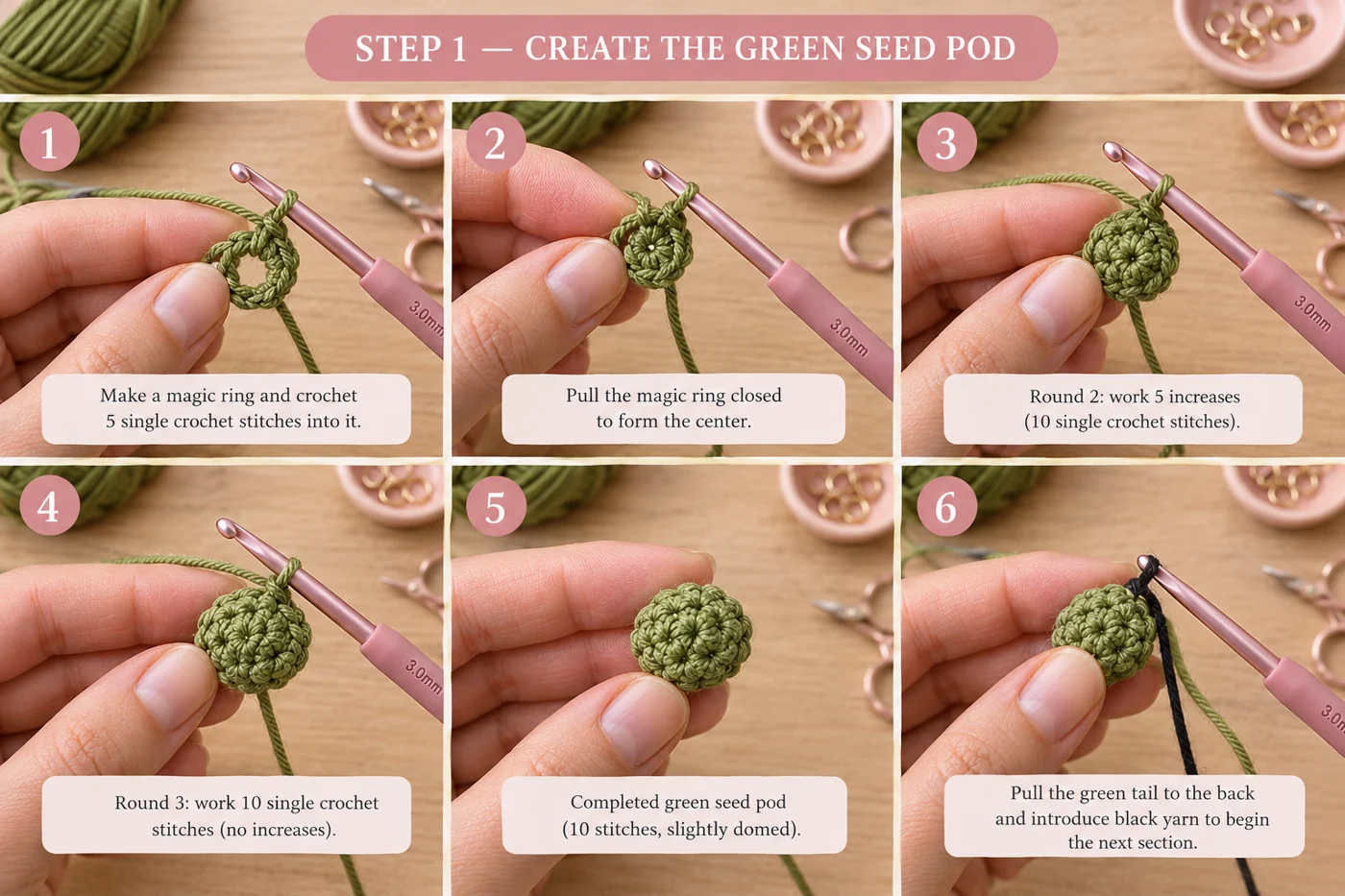 Step 1 of the crochet poppy flower: a small green magic ring of 5 single crochet, increased to 10 stitches and worked one plain round so it domes into a seed pod, on a 3 mm hook