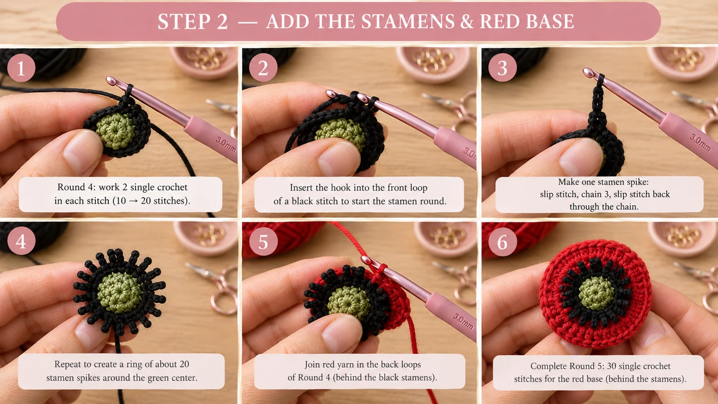 Step 2 of the crochet poppy flower: a ring of 20 black slip-stitch stamen spikes worked in the front loops around the green seed pod, and the first red round of 30 stitches worked in the back loops behind them