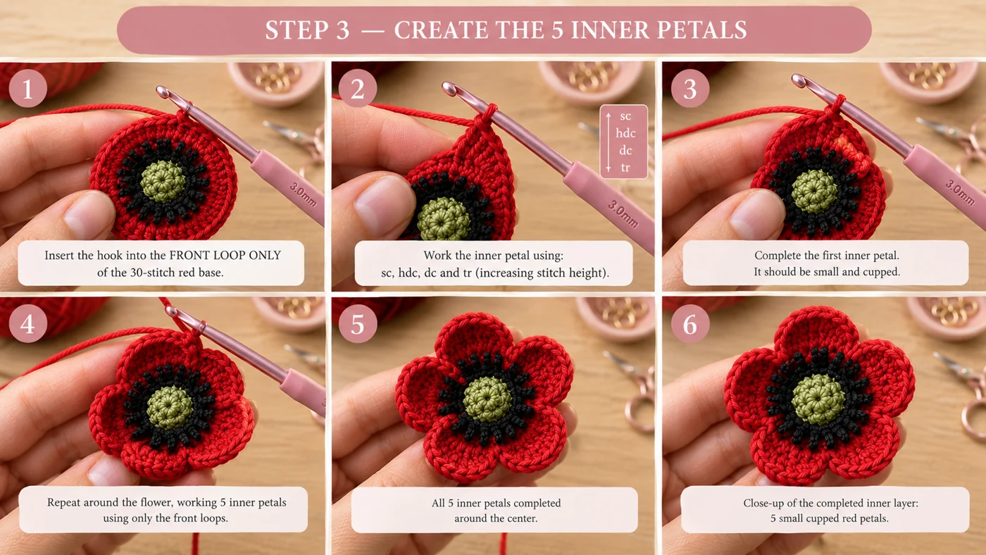 Step 3 of the crochet poppy flower: five small cupped red inner petals worked in the front loops of the base round, around the black stamens and the green center