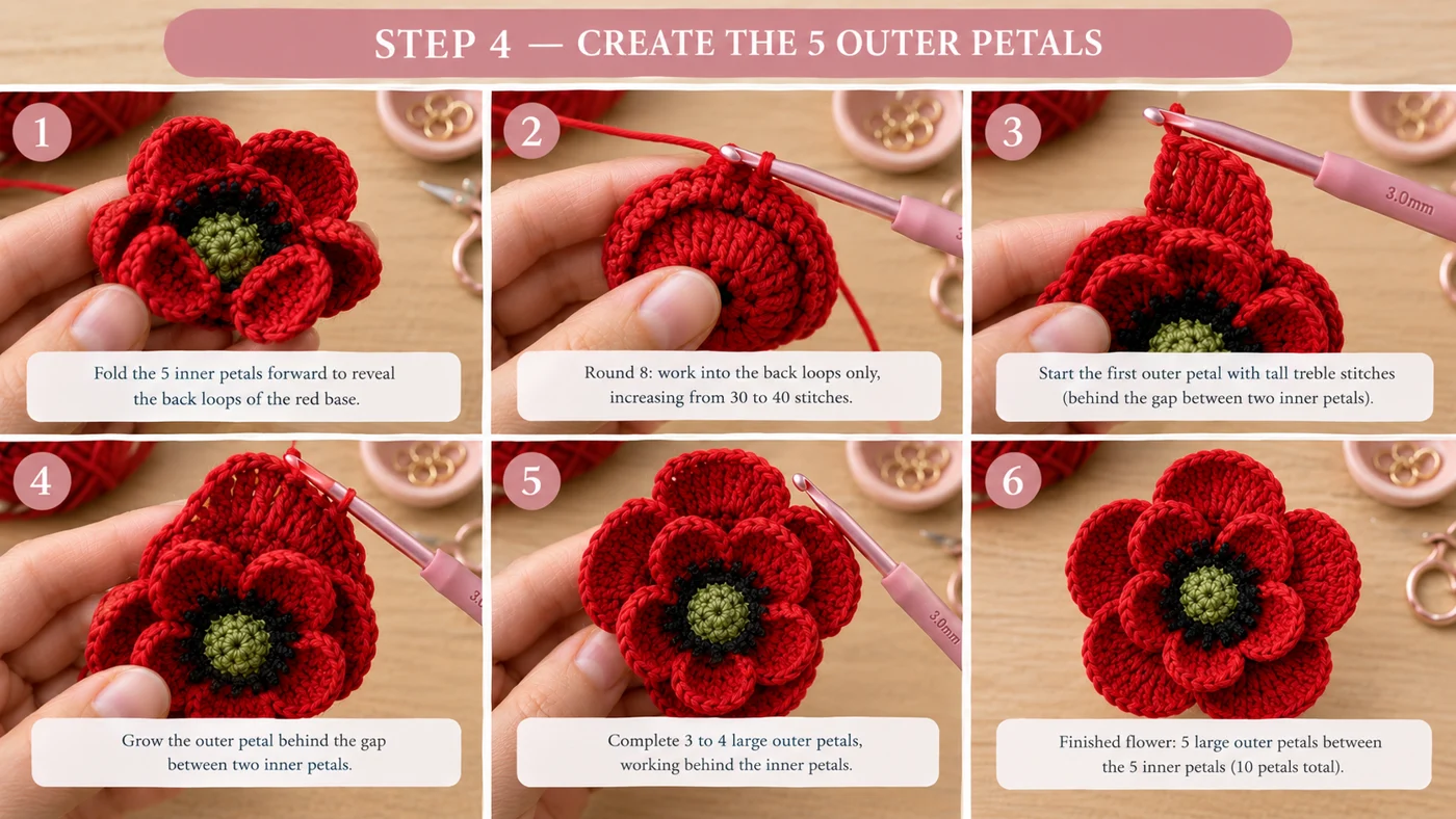 Step 4 of the crochet poppy flower: five larger red outer petals worked behind the inner layer, each one centered behind the gap between two inner petals, making ten petals in all