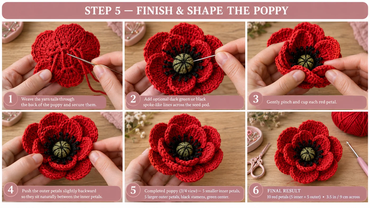 Step 5 of the crochet poppy flower: weaving the tails in on the back, stitching dark green spoke lines on the seed pod, cupping the petals by hand, and the finished layered red poppy