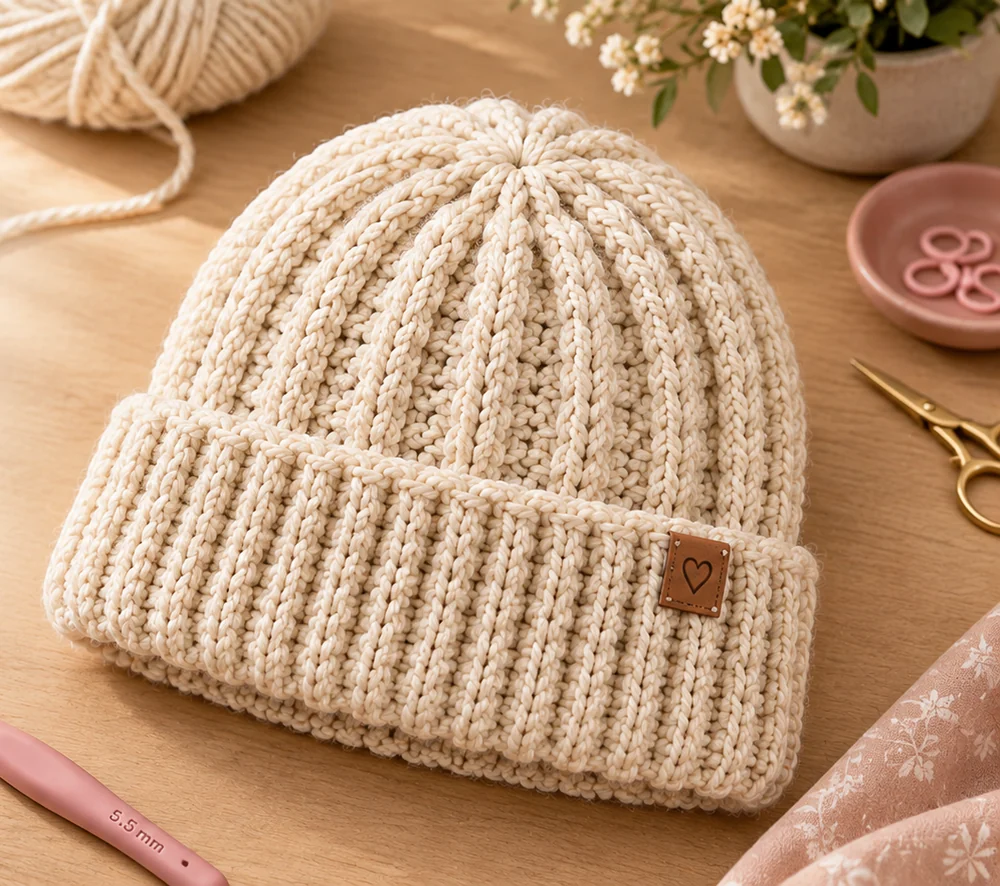 Cream ribbed crochet beanie with a deep folded brim and a small leather tag, lying on an oak table beside a pink 5.5 mm hook and a ball of yarn