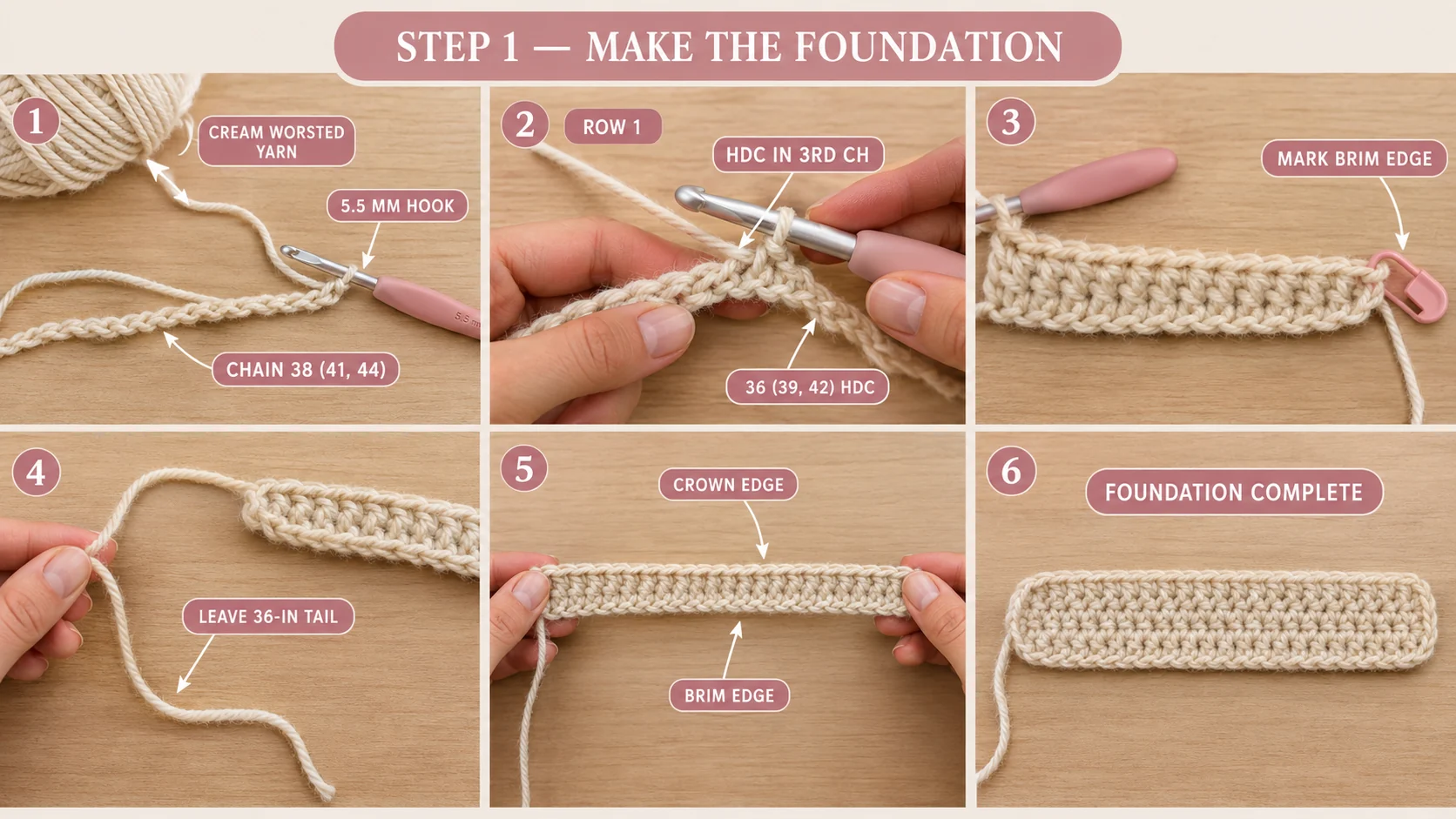 Step 1 of the crochet ribbed beanie: cream worsted yarn and a 5.5 mm hook, a chain of 38, Row 1 of 36 half double crochet, a marker at the brim end and the 36-inch tail