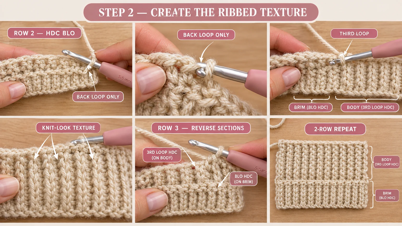 Step 2 of the crochet ribbed beanie: close-up of the hook going into the third loop of a half double crochet, the knit-look columns on the body section and the deeper BLO ribs on the brim section