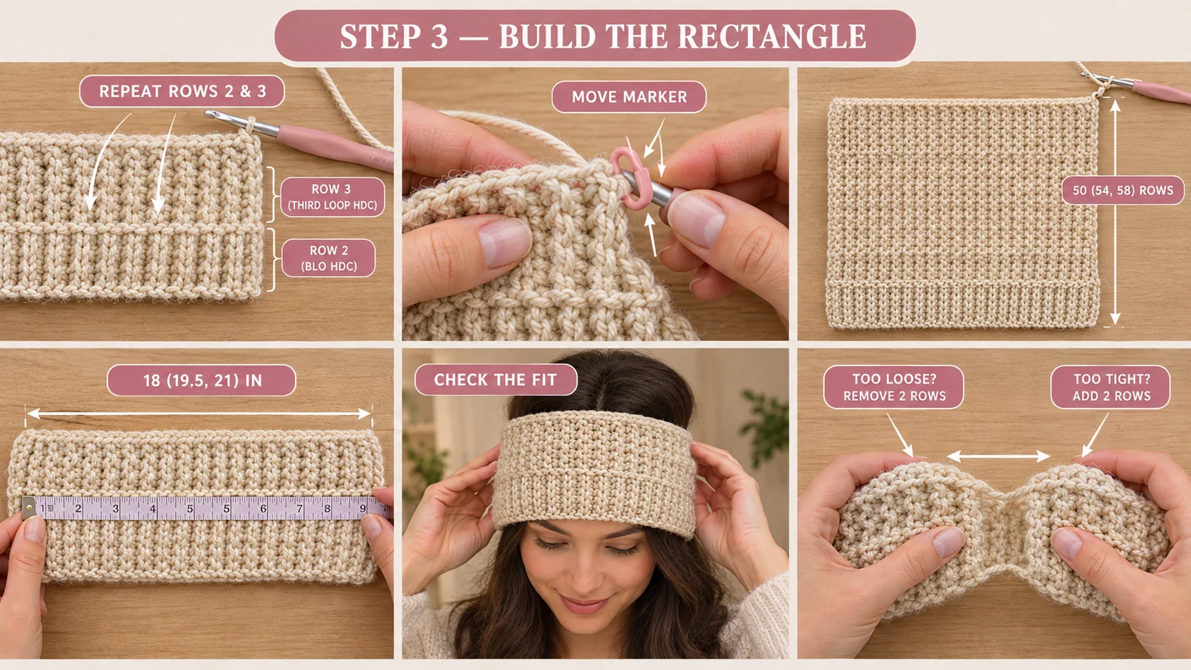 Step 3 of the crochet ribbed beanie: repeating Rows 2 and 3, moving the marker, the finished flat rectangle with ribbing along one long edge, measuring 18 inches and checking the fit around the head
