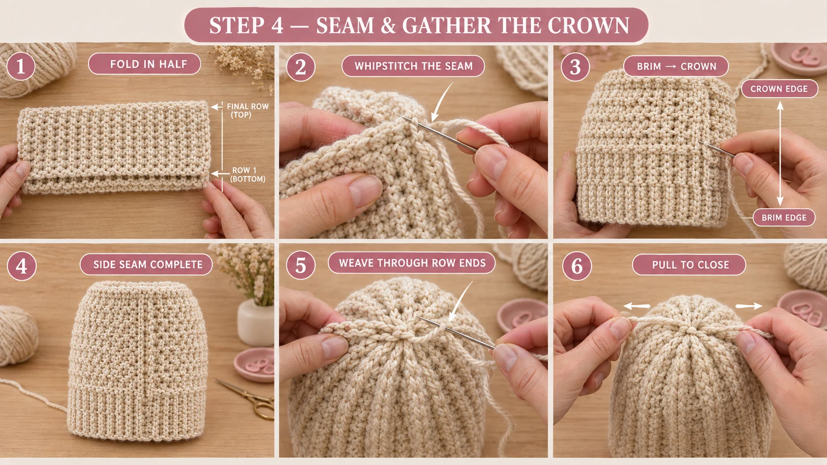 Step 4 of the crochet ribbed beanie: folding the rectangle in half, whipstitching the side seam from brim to crown, then weaving the tail through the row ends and pulling the crown closed