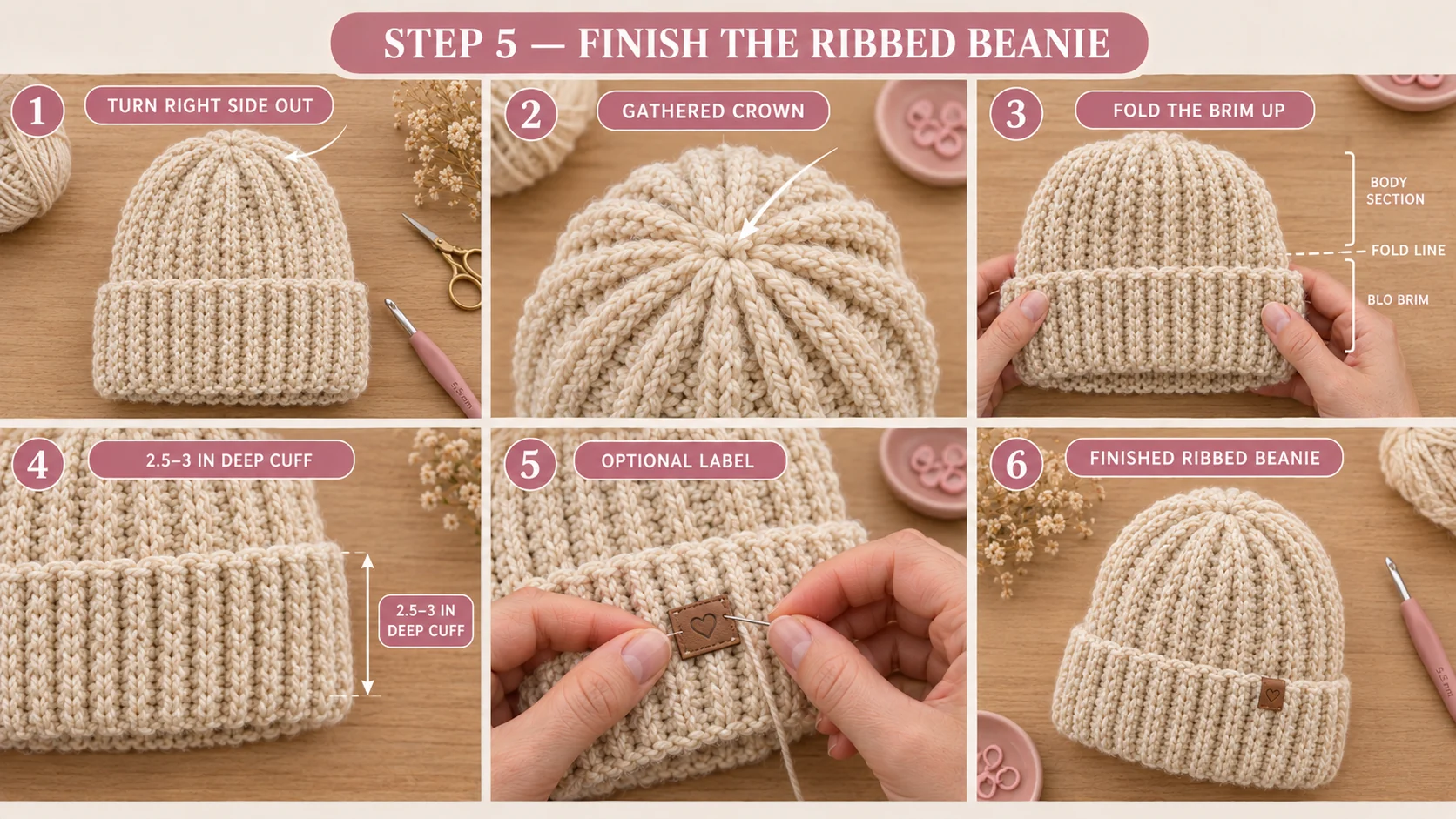 Step 5 of the crochet ribbed beanie: the hat turned right side out, the gathered crown, folding up the 2.5 to 3 inch cuff, sewing on a faux-leather label and the finished beanie