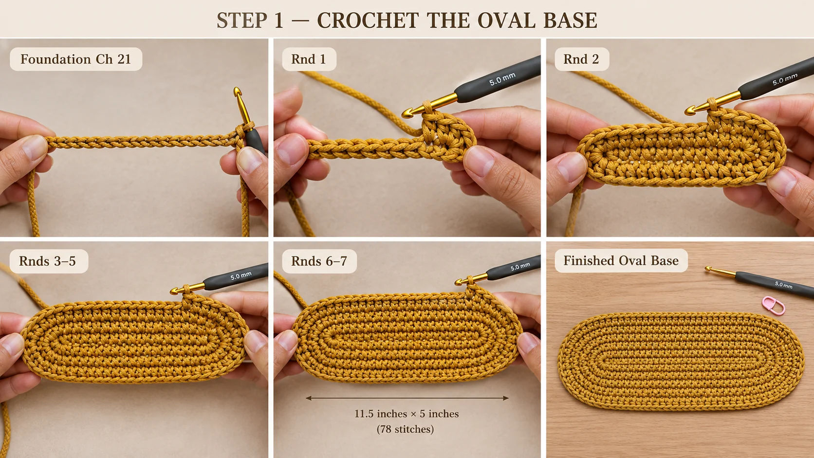 Step 1 of the crochet shopper bag: foundation chain of 21, Rounds 1 to 7 of the oval base in mustard cord, and the finished 11.5 × 5 inch base of 78 stitches