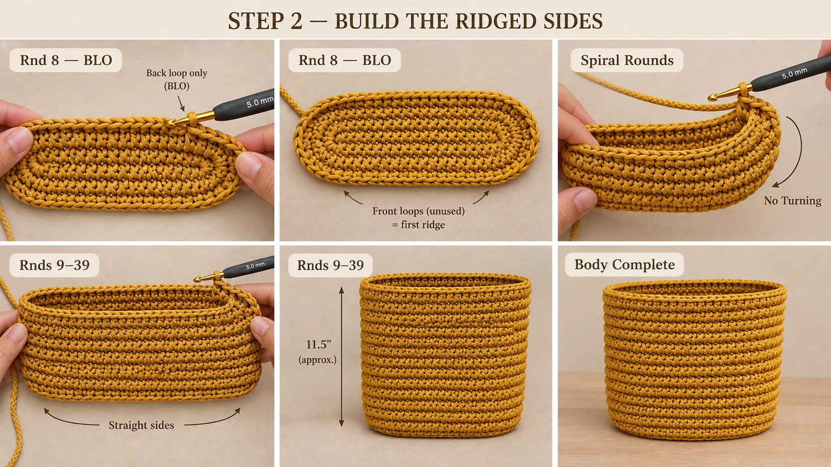 Step 2 of the crochet shopper bag: Round 8 in the back loop only turning the base up, spiral rounds, and Rounds 9 to 39 building straight ridged sides about 11.5 inches tall