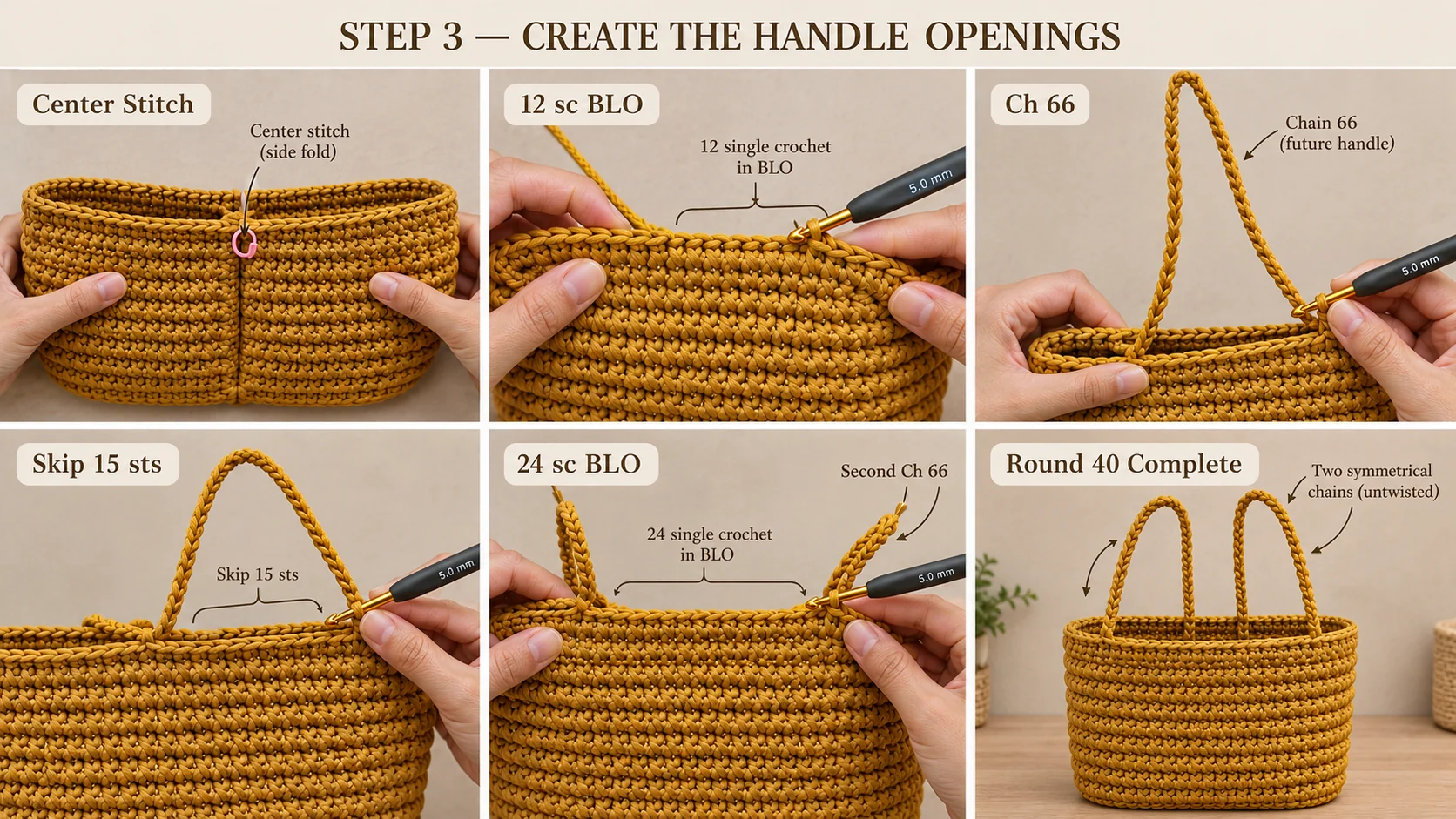 Step 3 of the crochet shopper bag: marker reset at the side fold, 12 single crochet, chain 66, skip 15 stitches, 24 single crochet and the second chain 66, finishing Round 40 with two untwisted handle chains