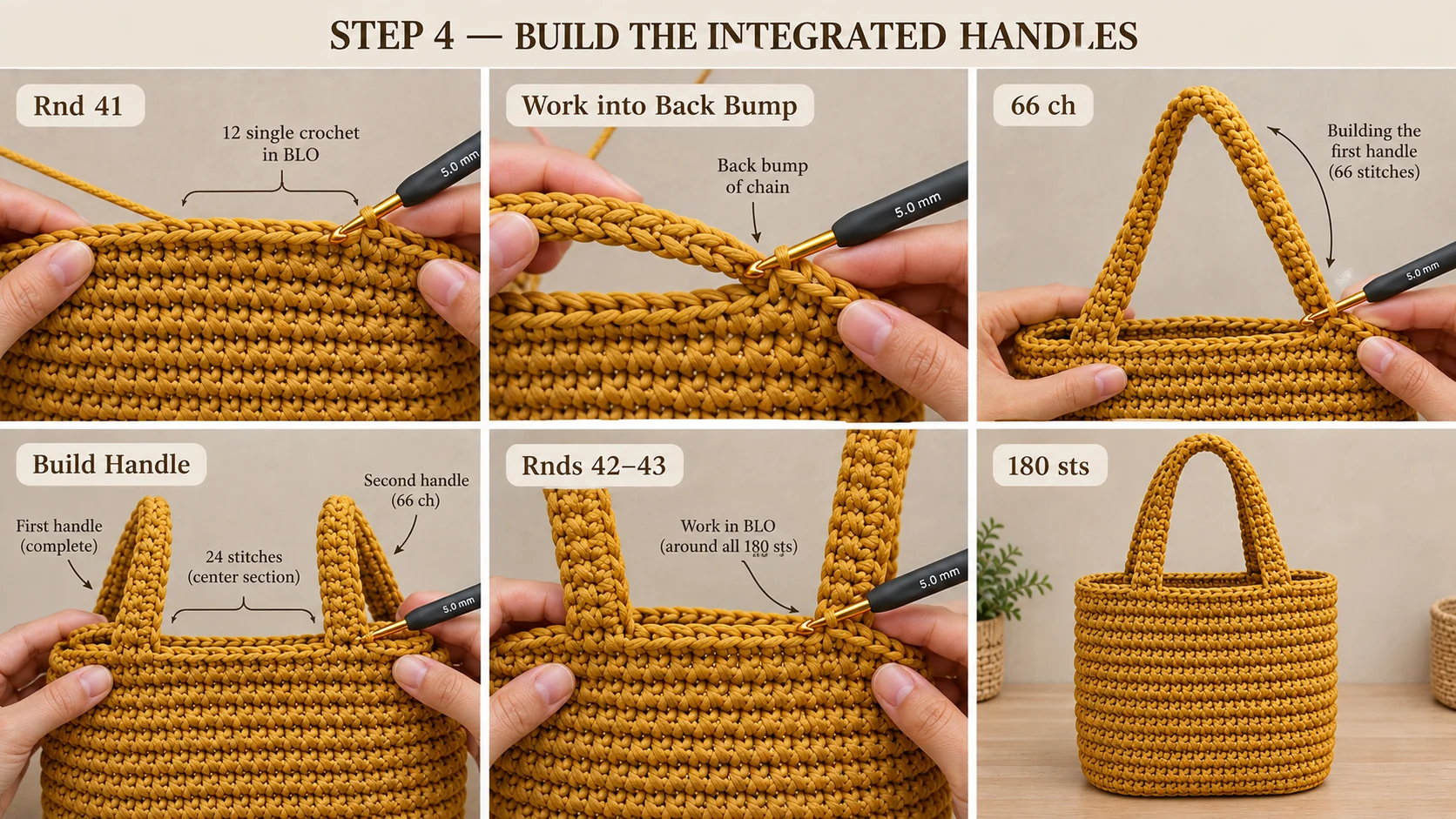 Step 4 of the crochet shopper bag: Round 41 worked into the back bump of each handle chain, Rounds 42 and 43 in the back loop only around all 180 stitches, and both built-in handles complete