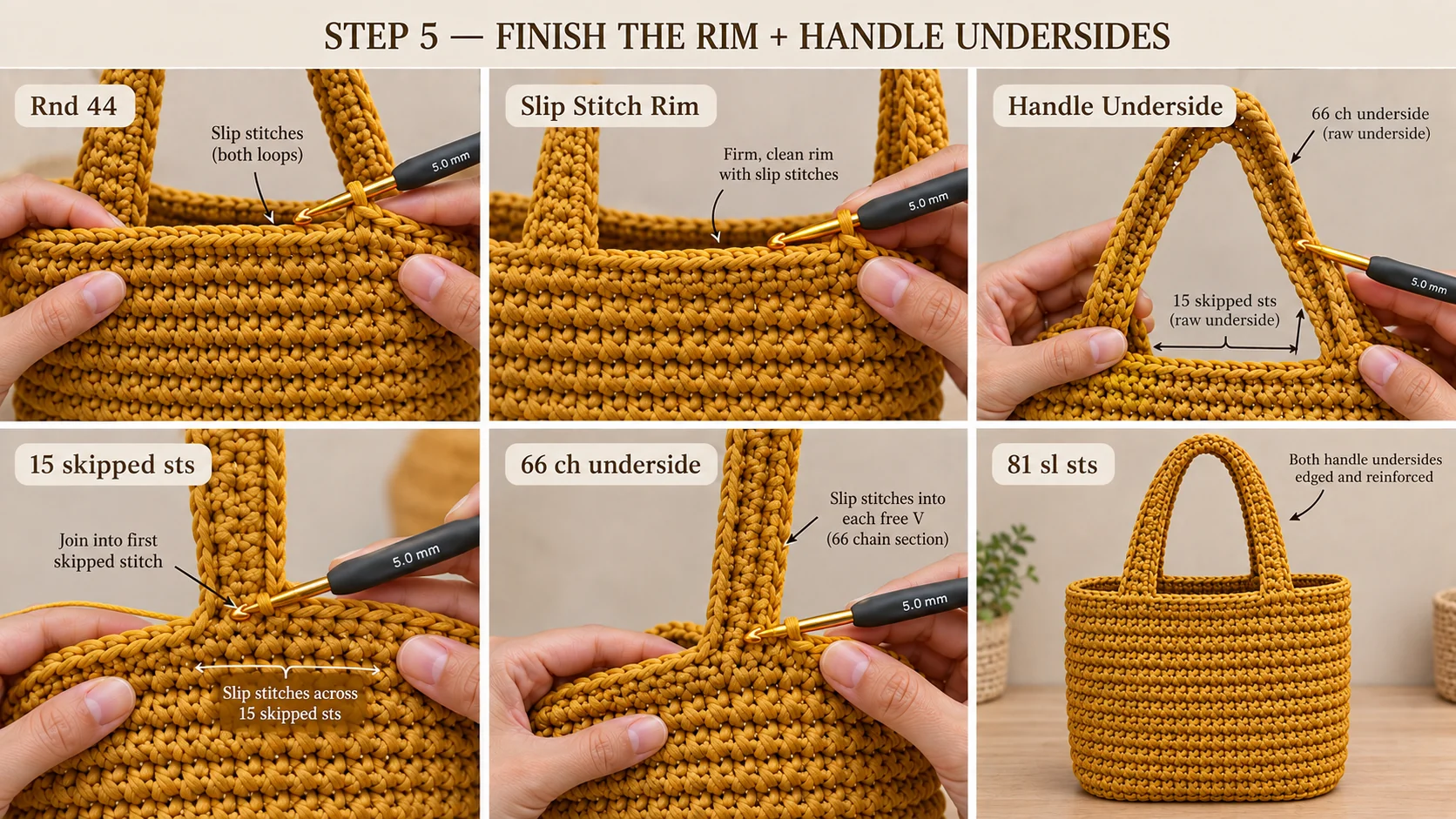Step 5 of the crochet shopper bag: the slip-stitch rim of Round 44, then slip stitches along the 15 skipped stitches and the underside of the 66 chains, 81 slip stitches per handle