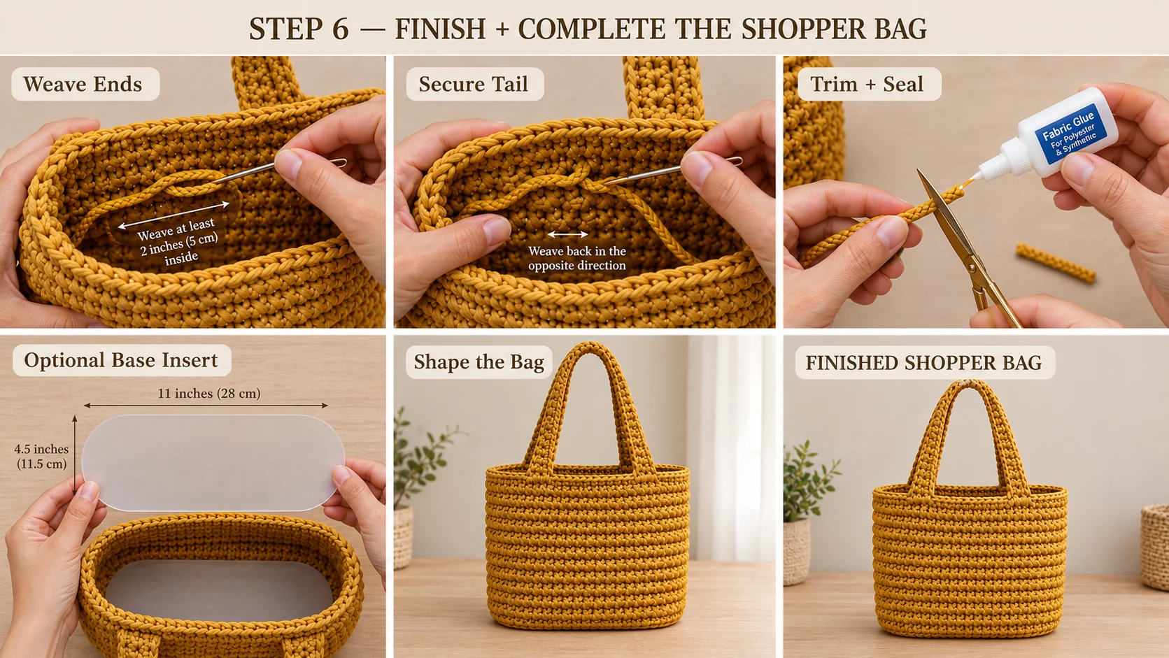 Step 6 of the crochet shopper bag: weaving and sealing the cord ends, an optional 11 × 4.5 inch plastic base insert, and the finished mustard shopper bag