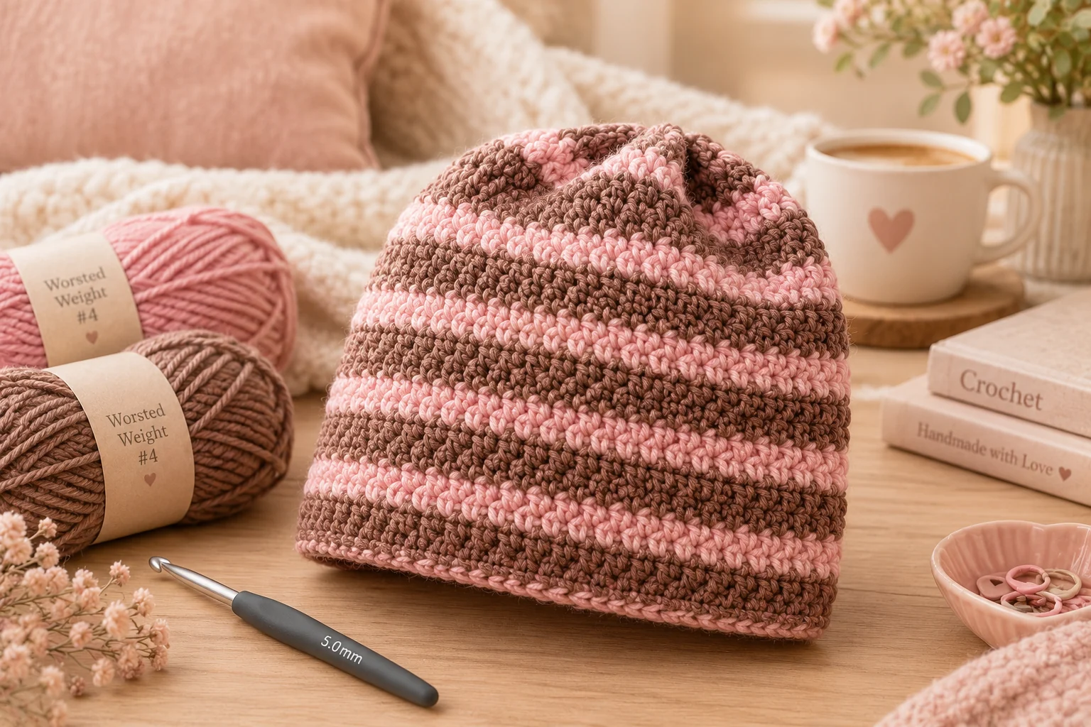 Finished crochet striped beanie in blush pink and cocoa brown stripes on a light oak table, beside two balls of worsted yarn, a 5 mm hook and a cup of coffee