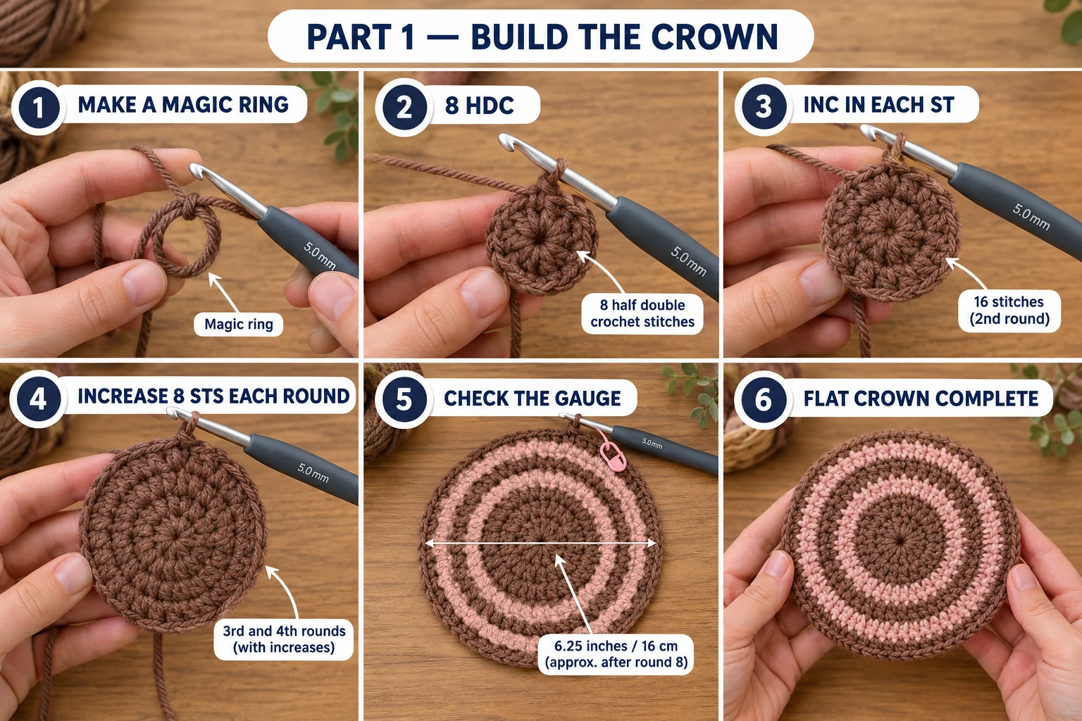 Part 1 of the crochet striped beanie: making a magic ring, 8 hdc, increasing to 16 stitches, rounds 3 and 4 in cocoa, checking the 6.25 inch gauge after round 8 and the flat crown with a cocoa center and blush rings