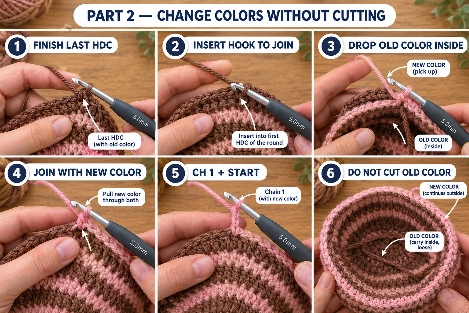 Part 2 of the crochet striped beanie: finishing the last hdc in cocoa, inserting the hook into the first hdc, dropping cocoa inside, joining with blush, chaining 1 and leaving the old color uncut inside the hat