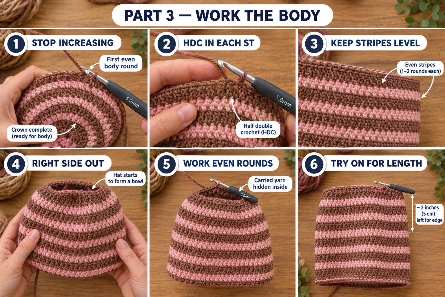Part 3 of the crochet striped beanie: the first even body round, hdc in each stitch, level blush and cocoa stripes, the hat forming a bowl with the right side out, and trying it on with about 2 inches left