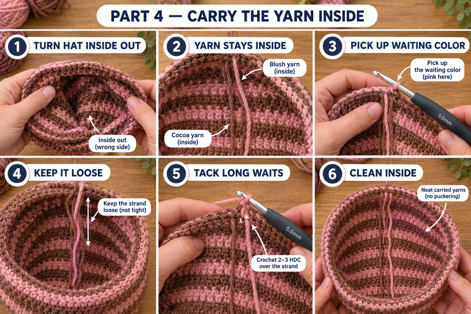 Part 4 of the crochet striped beanie: the hat turned inside out, the blush and cocoa strands carried up along the join, picking up the waiting color, keeping the strand loose, working 2 to 3 hdc over a long strand and the clean inside