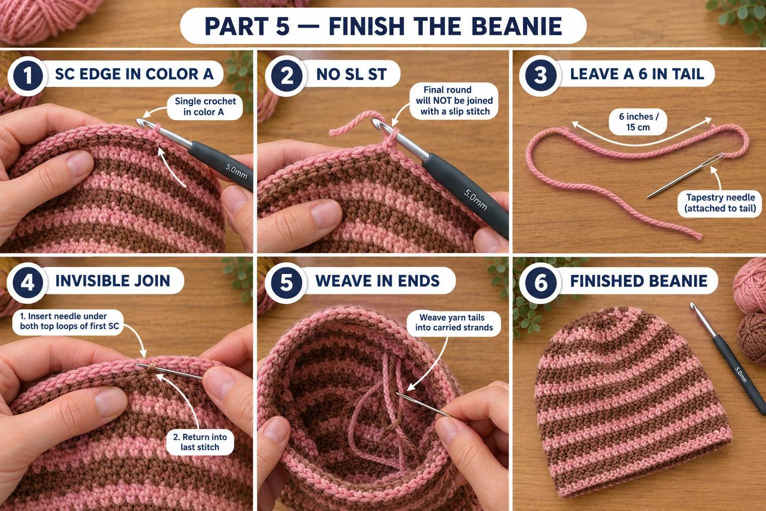 Part 5 of the crochet striped beanie: the single crochet edge in blush, no slip stitch join, a 6 inch tail on the tapestry needle, the invisible join, weaving the tails into the carried strands and the finished beanie
